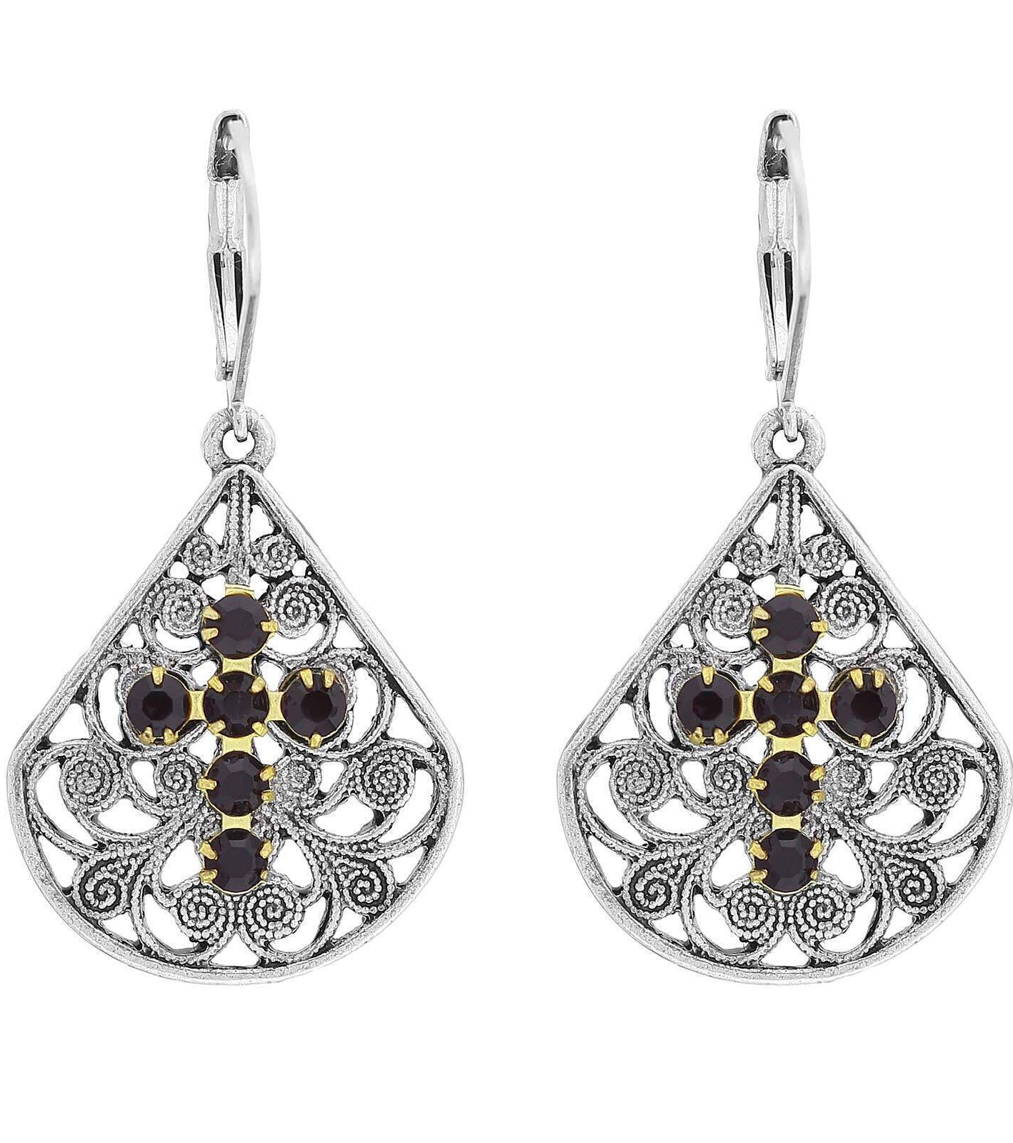 1928 Jewelry Filigree Fan Austrian Crystal Cross Earrings