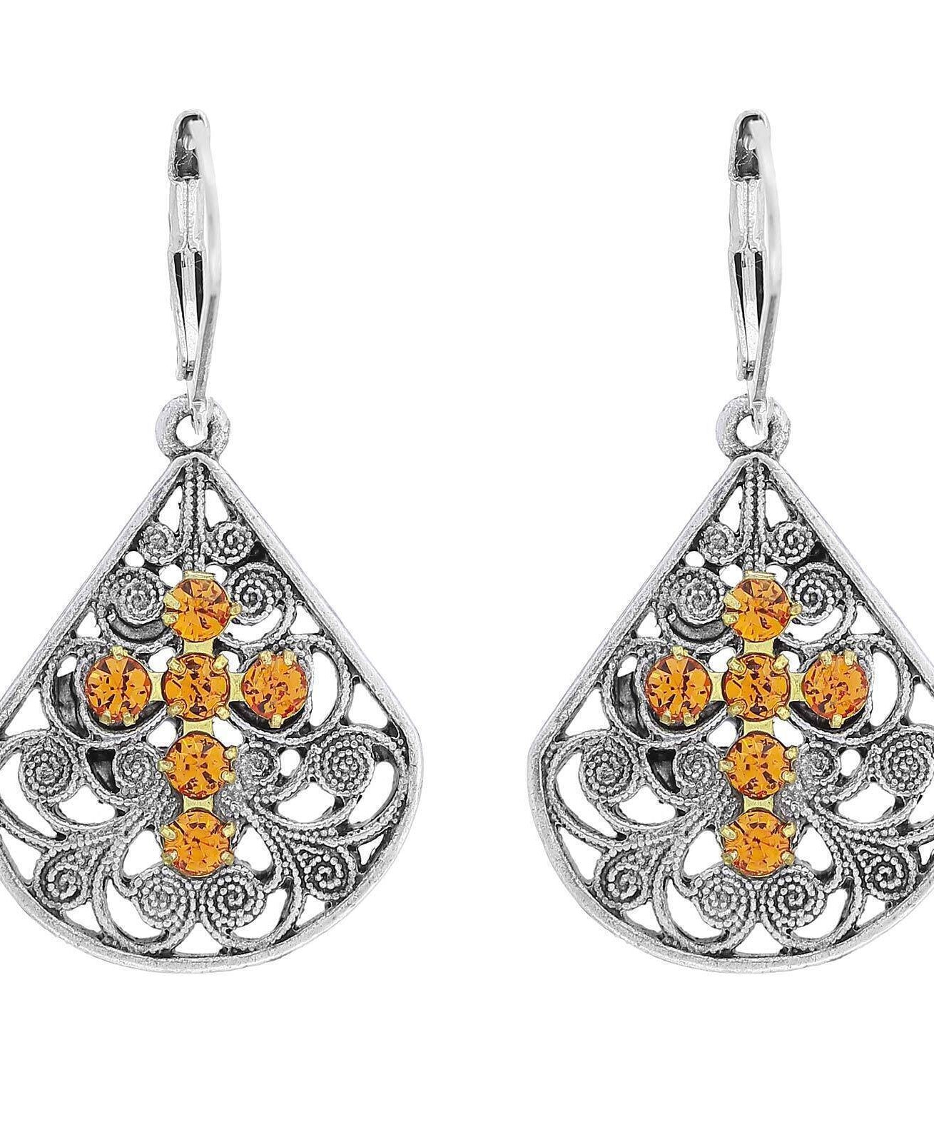 1928 Jewelry Filigree Fan Austrian Crystal Cross Earrings