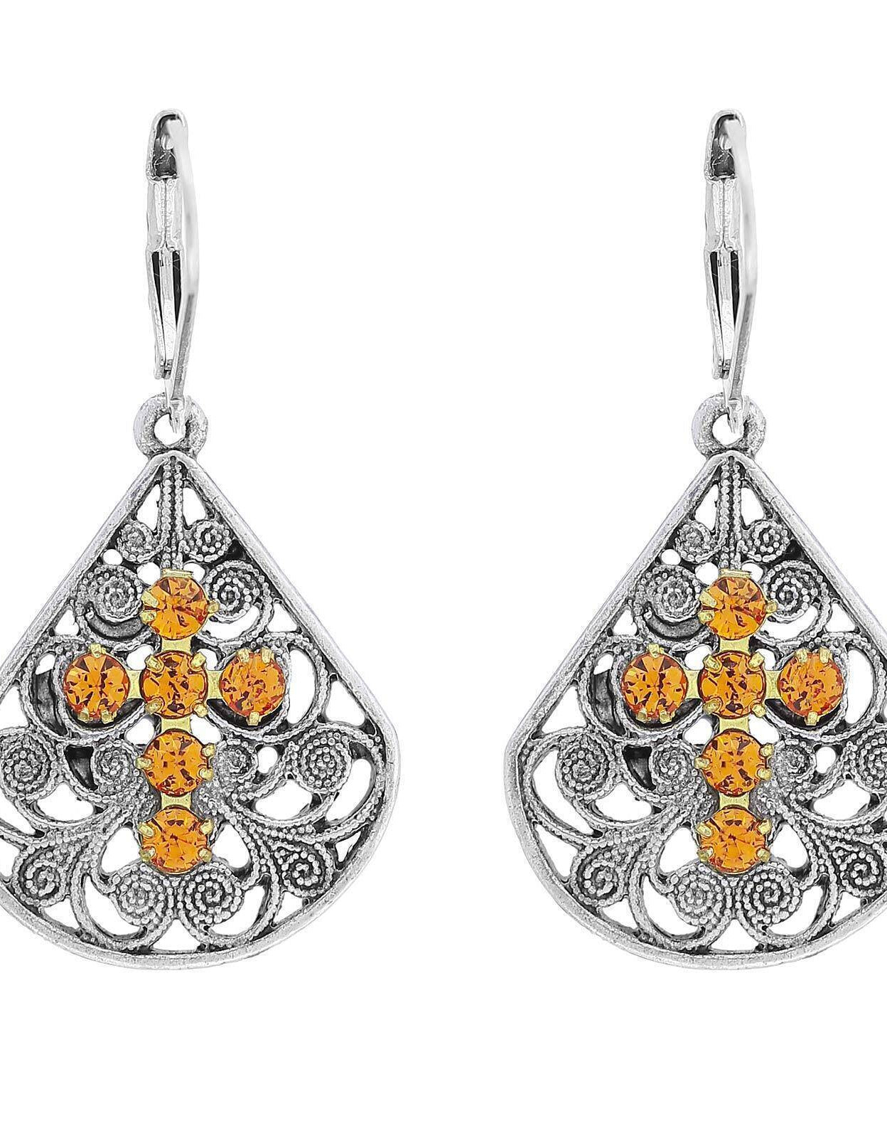 1928 Jewelry Filigree Fan Austrian Crystal Cross Earrings