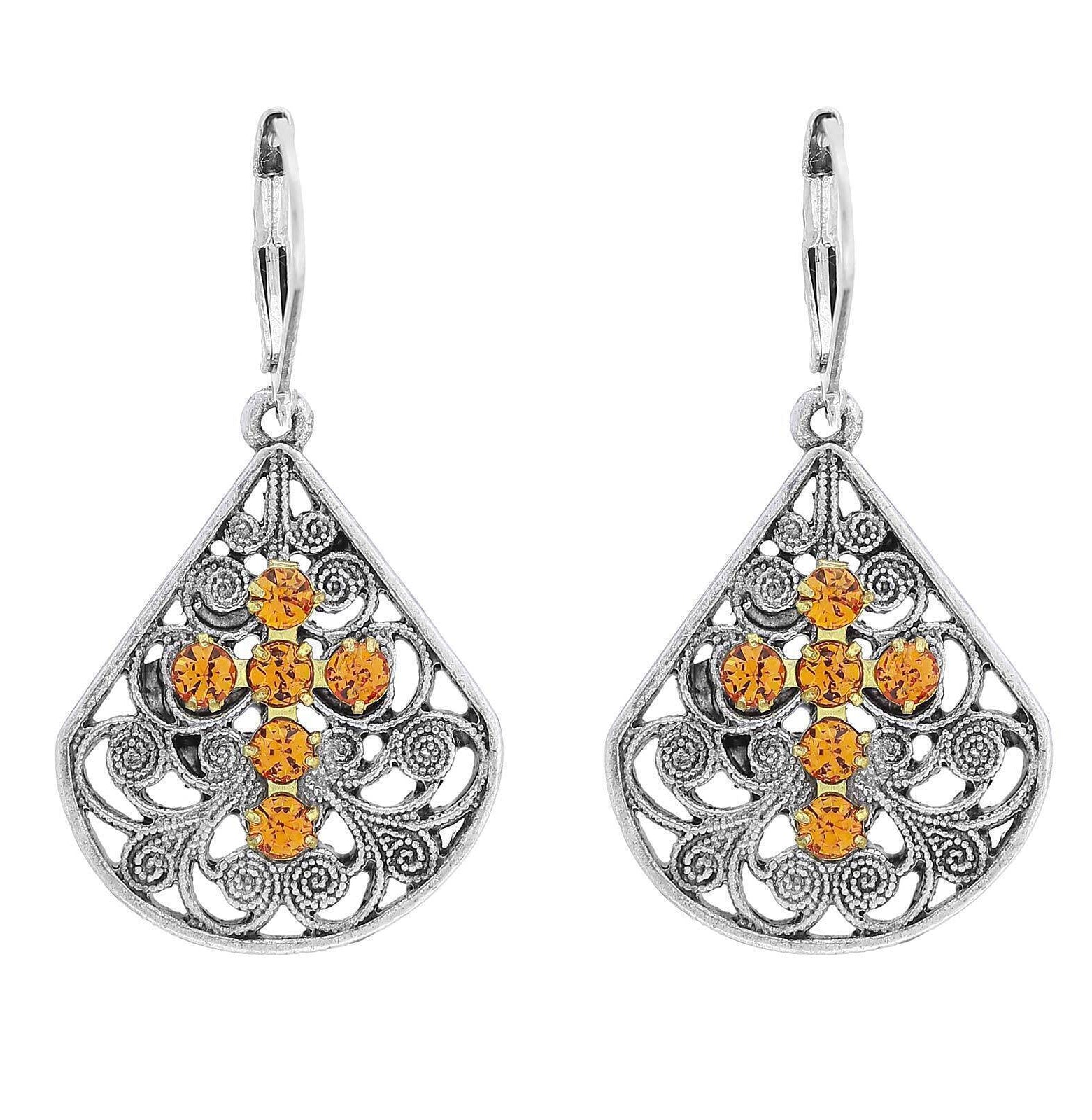 1928 Jewelry Filigree Fan Austrian Crystal Cross Earrings