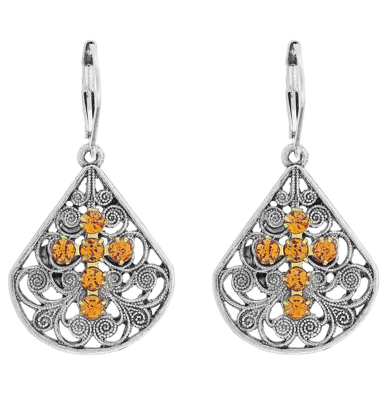1928 Jewelry Filigree Fan Austrian Crystal Cross Earrings