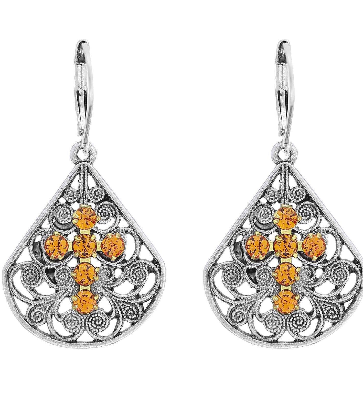 1928 Jewelry Filigree Fan Austrian Crystal Cross Earrings