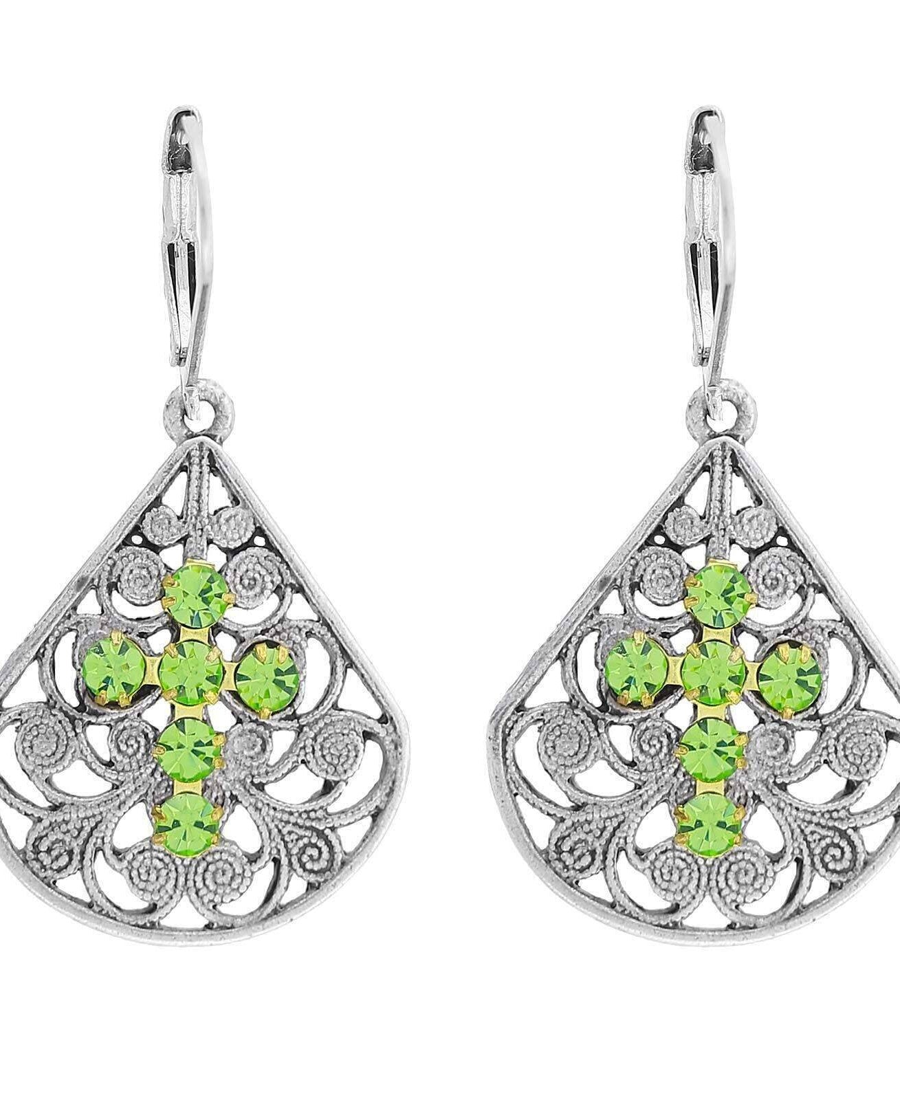 1928 Jewelry Filigree Fan Austrian Crystal Cross Earrings