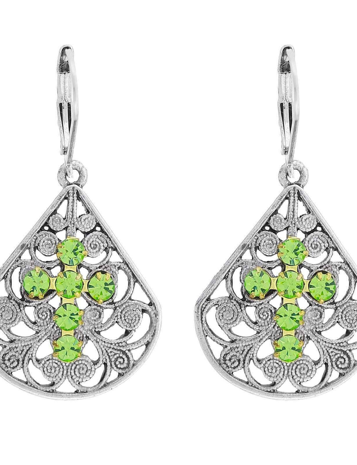 1928 Jewelry Filigree Fan Austrian Crystal Cross Earrings