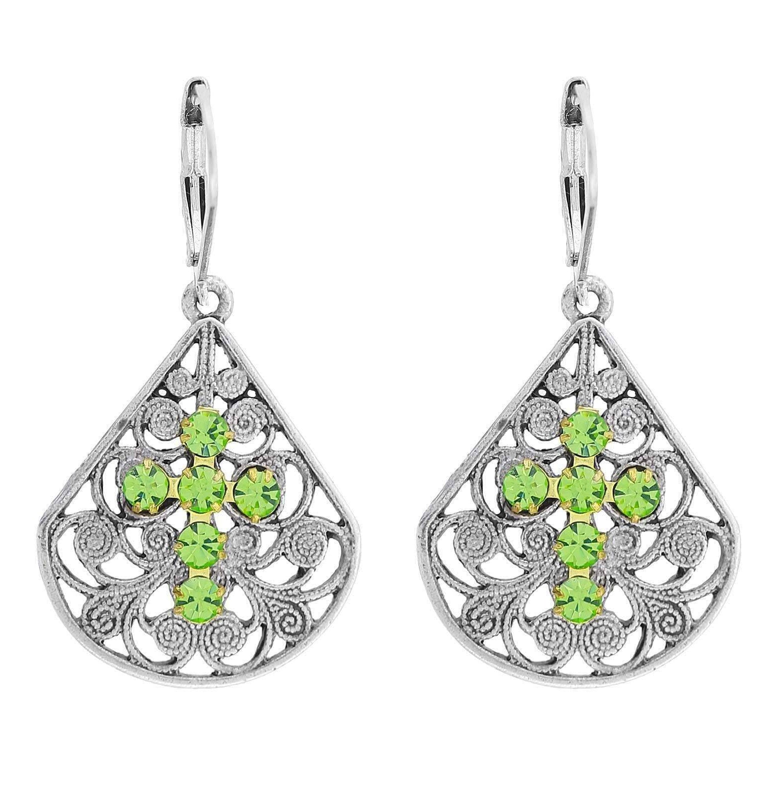 1928 Jewelry Filigree Fan Austrian Crystal Cross Earrings
