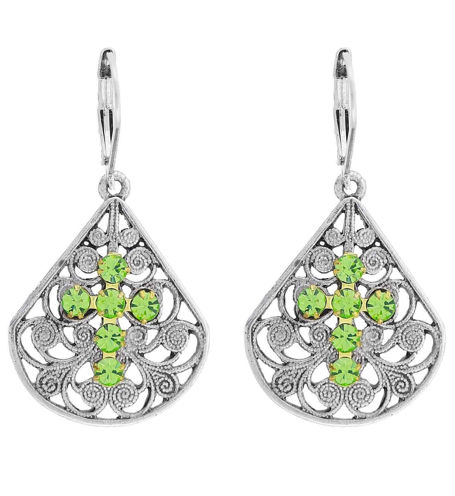 1928 Jewelry Filigree Fan Austrian Crystal Cross Earrings