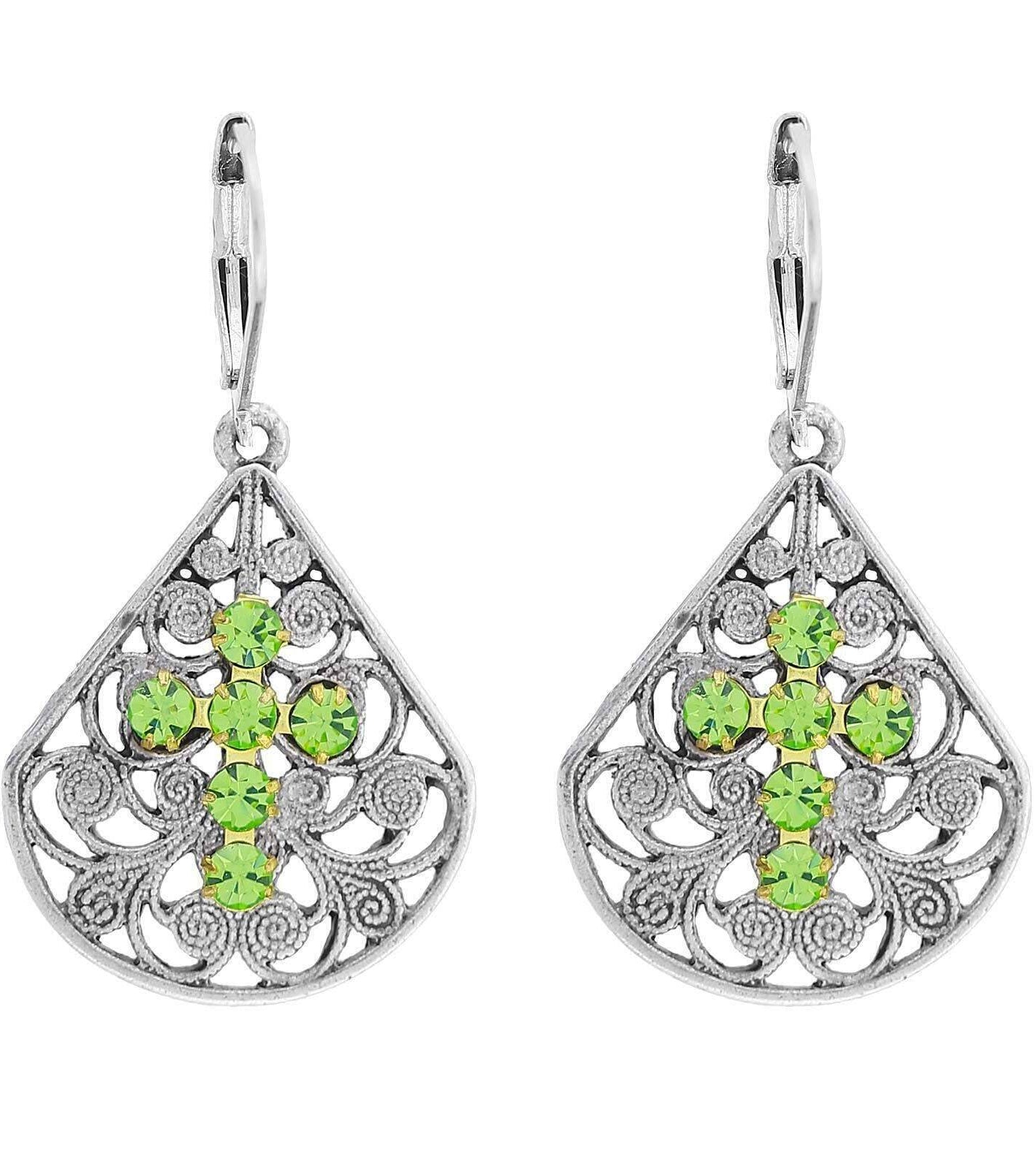 1928 Jewelry Filigree Fan Austrian Crystal Cross Earrings