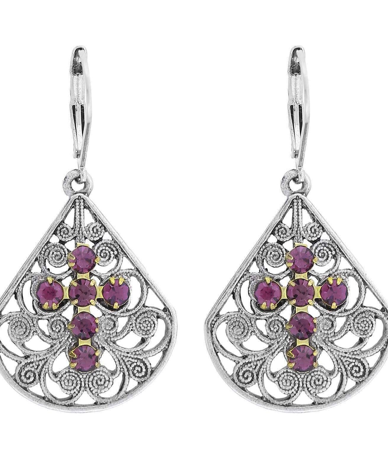 1928 Jewelry Filigree Fan Austrian Crystal Cross Earrings