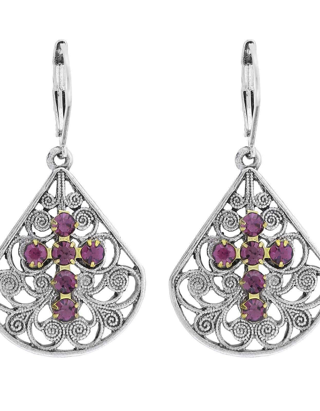 1928 Jewelry Filigree Fan Austrian Crystal Cross Earrings