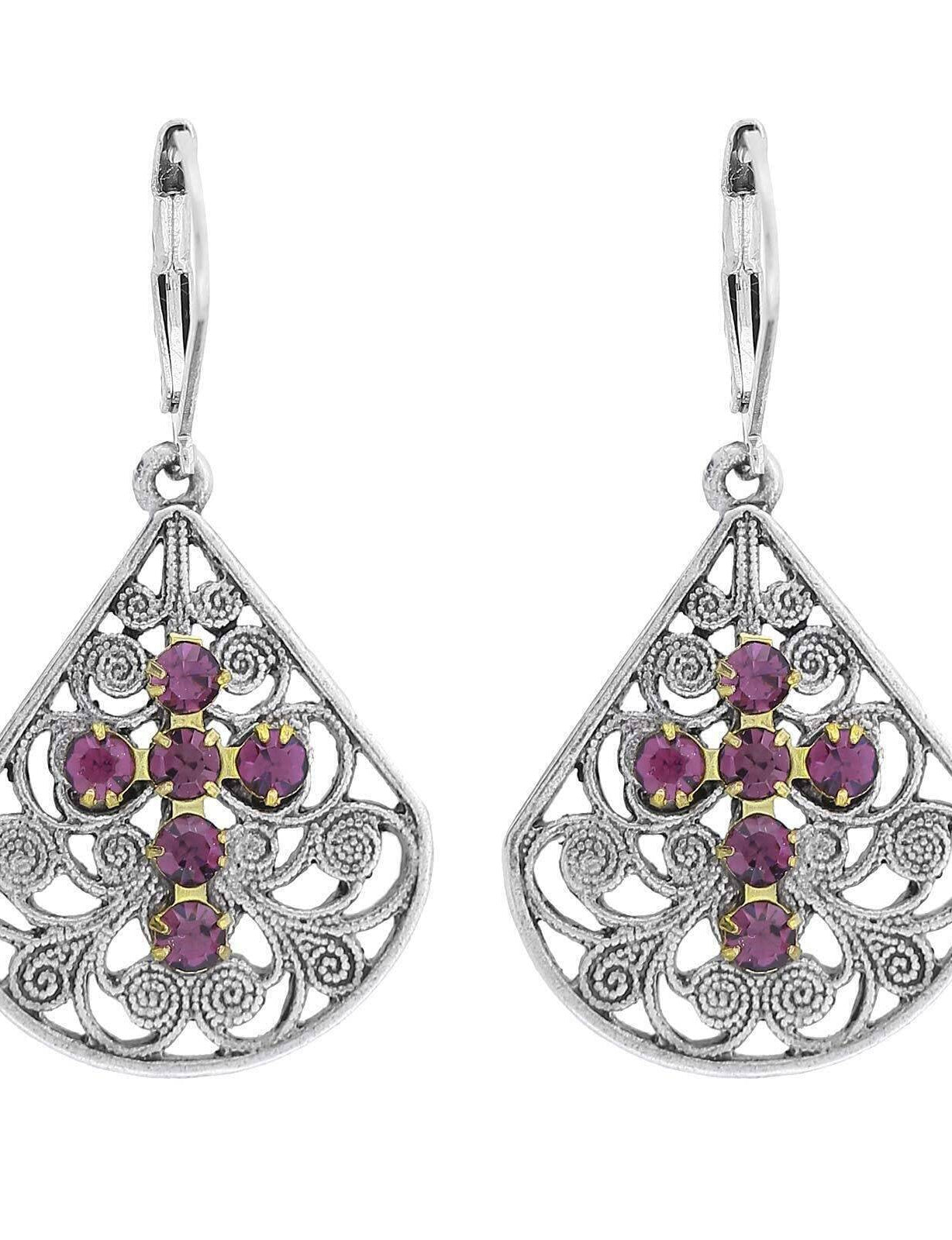 1928 Jewelry Filigree Fan Austrian Crystal Cross Earrings