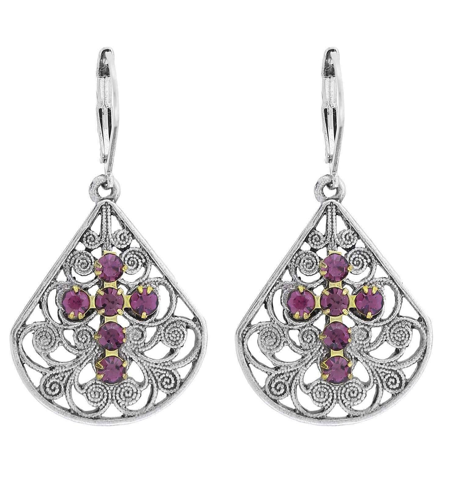 1928 Jewelry Filigree Fan Austrian Crystal Cross Earrings