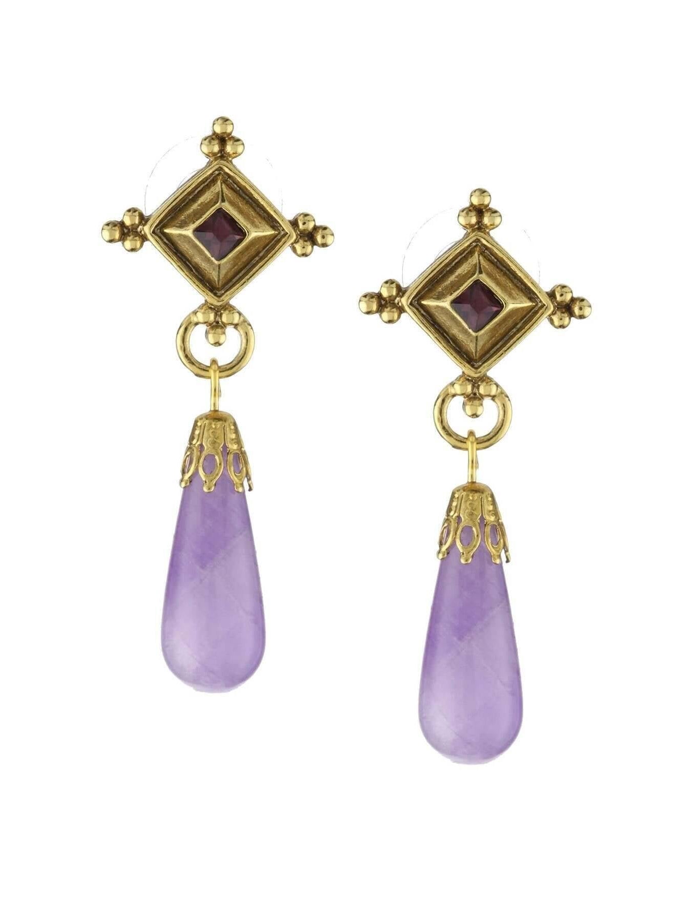 Antiquities Couture Purple Amethyst Teardrop Gemstone & Crystal Post Dangle Earrings