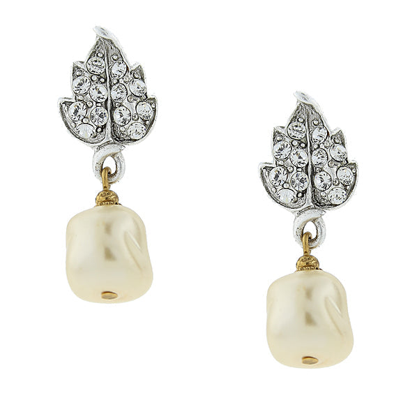 1928 Jewelry Austrian Crystal Leaf And Baroque Faux Pearl Drop Earrings