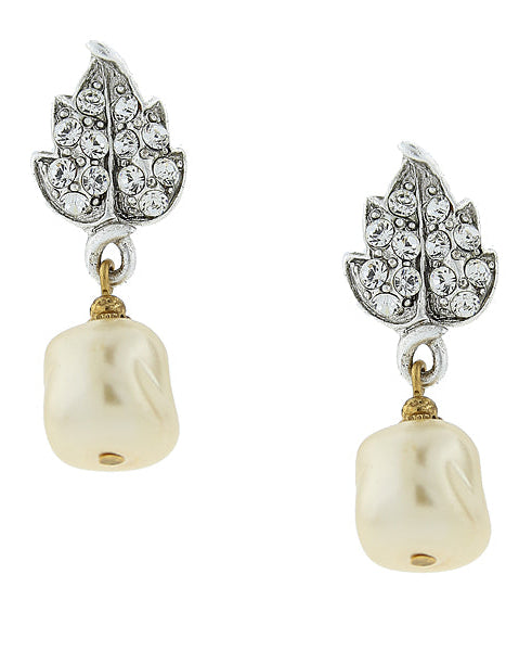 1928 Jewelry Austrian Crystal Leaf And Baroque Faux Pearl Drop Earrings