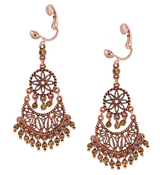 1928 Jewelry Burnt Copper Light Topaz Crystal Chandelier Clip On Earrings