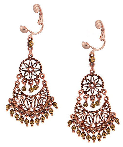 1928 Jewelry Burnt Copper Light Topaz Crystal Chandelier Clip On Earrings