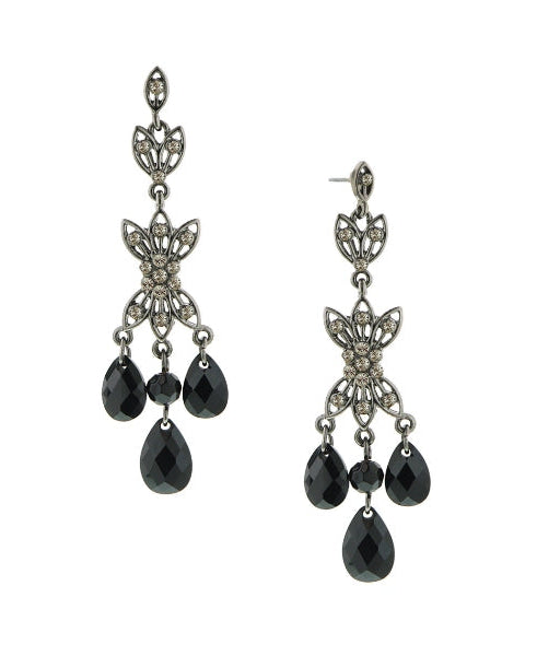 1928 Jewelry Triple Black Diamond Teardrop Crystal Post Dangle Earrings