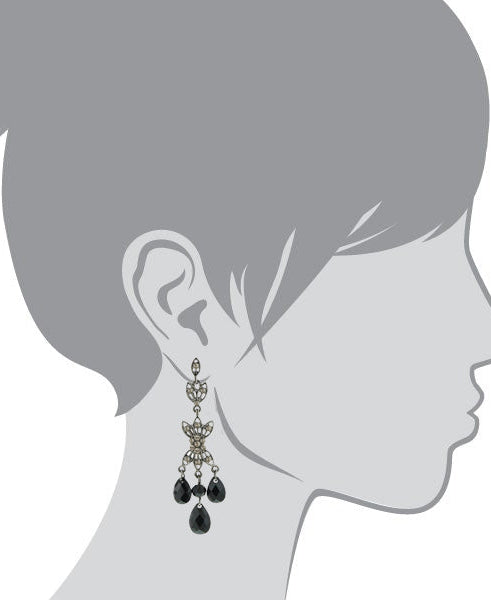 1928 Jewelry Triple Black Diamond Teardrop Crystal Post Dangle Earrings