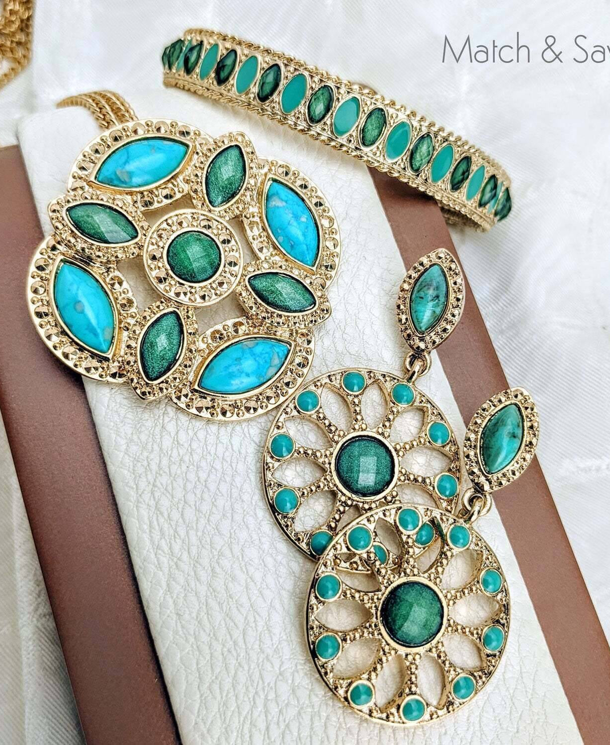 1928 Jewelry Oasis Green & Turquoise Stone Drop Hoop Earrings