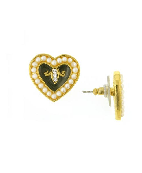 Antiquities Couture Black Enamel With Faux Pearl Crystal Hearts Post Earrings