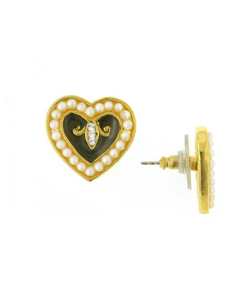 Antiquities Couture Black Enamel With Faux Pearl Crystal Hearts Post Earrings