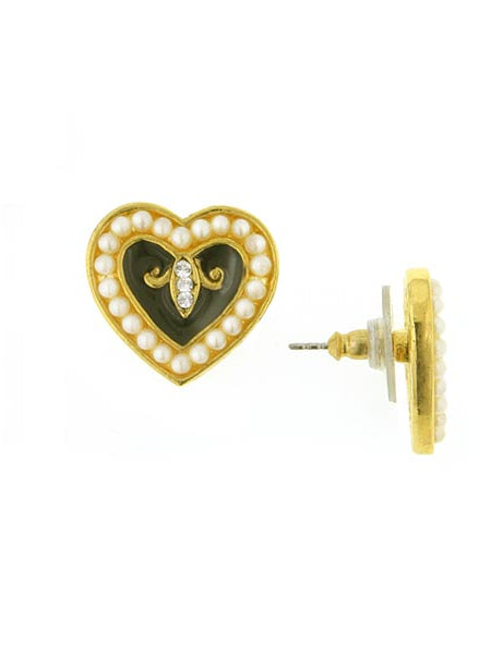 Antiquities Couture Black Enamel With Faux Pearl Crystal Hearts Post Earrings