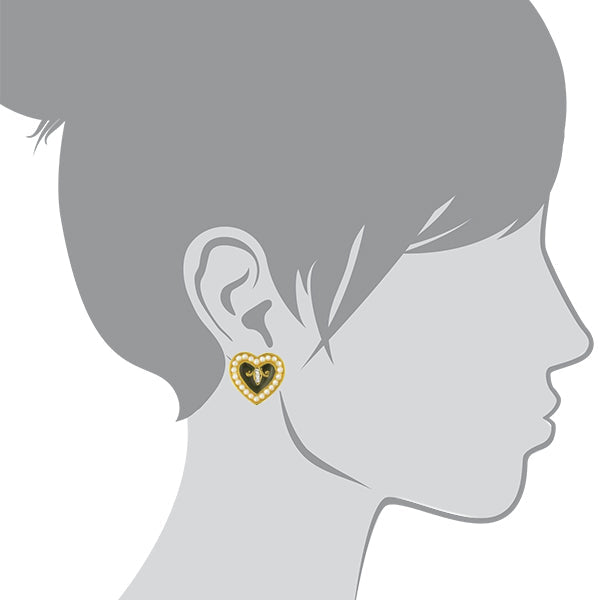 Antiquities Couture Black Enamel With Faux Pearl Crystal Hearts Post Earrings