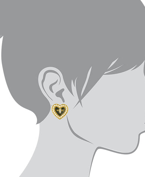 Antiquities Couture Black Enamel With Faux Pearl Crystal Hearts Post Earrings
