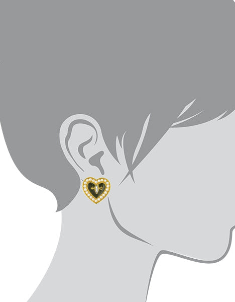 Antiquities Couture Black Enamel With Faux Pearl Crystal Hearts Post Earrings