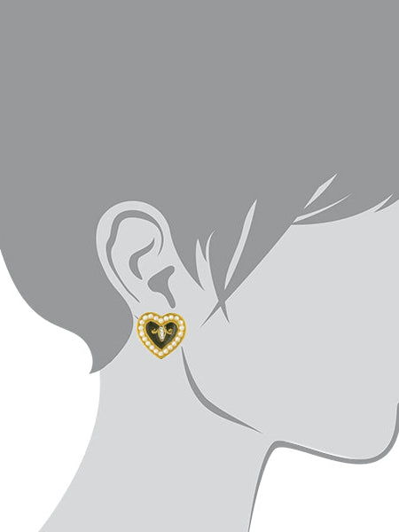 Antiquities Couture Black Enamel With Faux Pearl Crystal Hearts Post Earrings