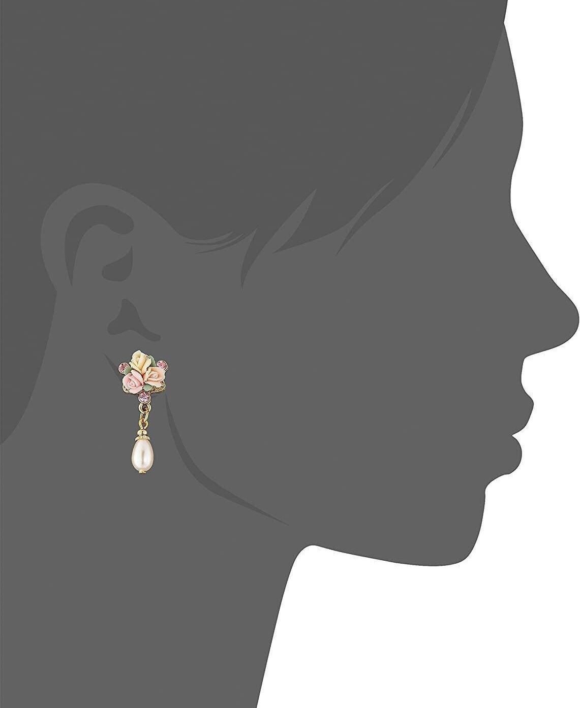 1928 Bridal Multi-Color Porcelain Rose Pink Crystal Faux Pearl Drop Post Earrings