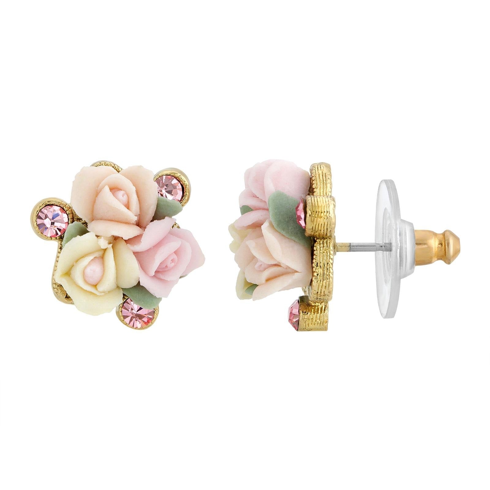 1928 Bridal Pink Crystal And Ivory And Pink Porcelain Rose Button Earrings