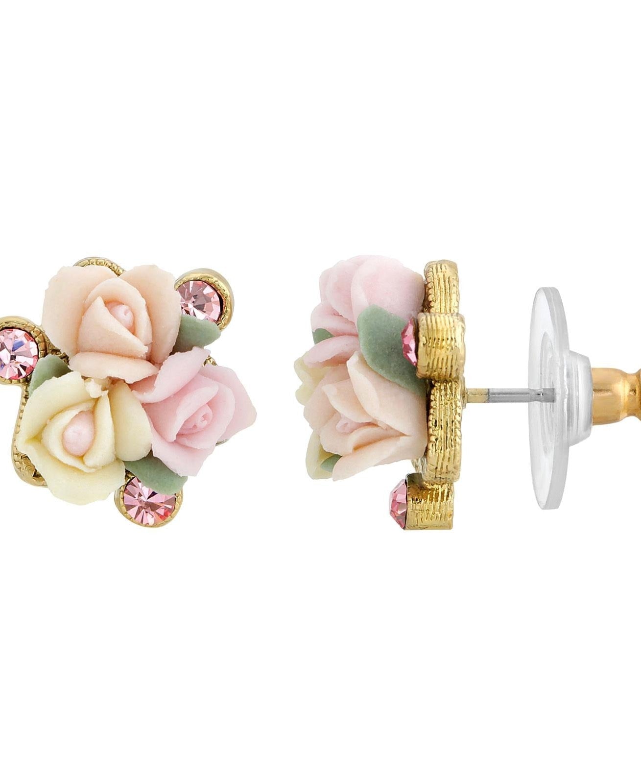 1928 Bridal Pink Crystal And Ivory And Pink Porcelain Rose Button Earrings