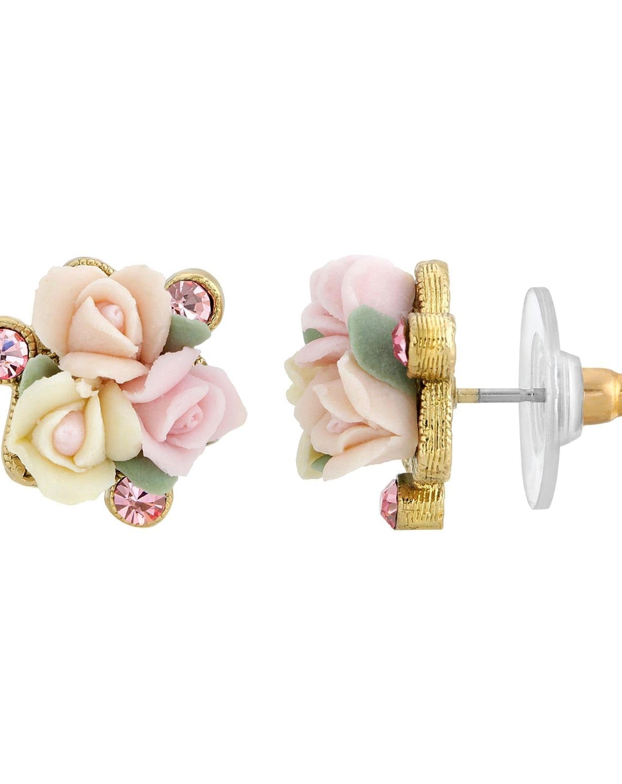 1928 Bridal Pink Crystal And Ivory And Pink Porcelain Rose Button Earrings