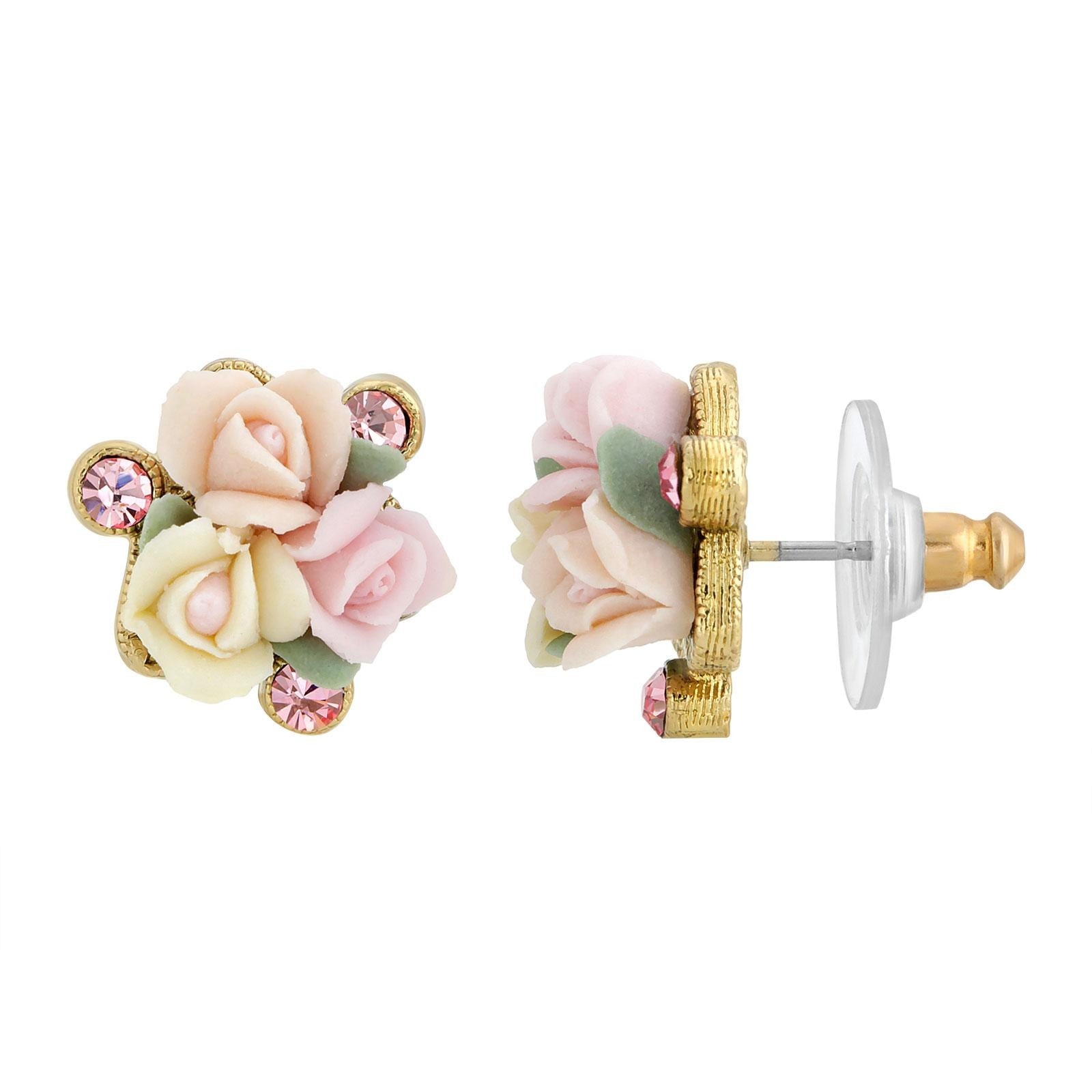 1928 Bridal Pink Crystal And Ivory And Pink Porcelain Rose Button Earrings