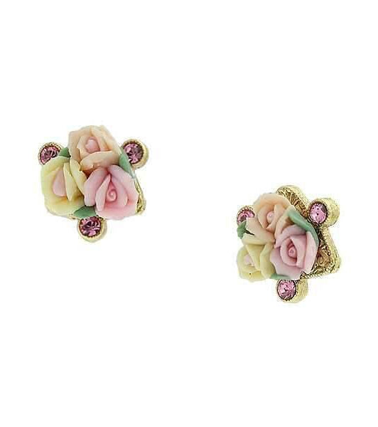 1928 Bridal Pink Crystal And Ivory And Pink Porcelain Rose Button Earrings