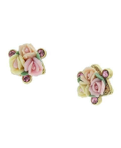 1928 Bridal Pink Crystal And Ivory And Pink Porcelain Rose Button Earrings