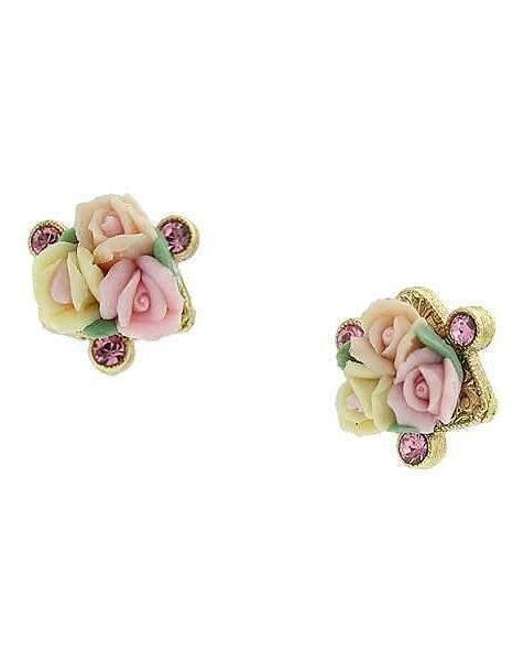 1928 Bridal Pink Crystal And Ivory And Pink Porcelain Rose Button Earrings