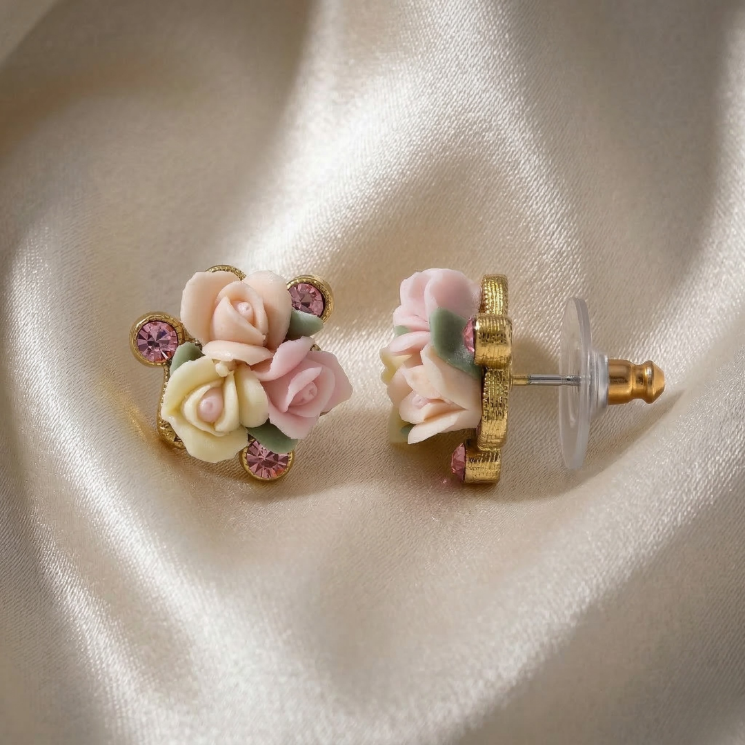 Floral earrings with gold accents on a satin surface