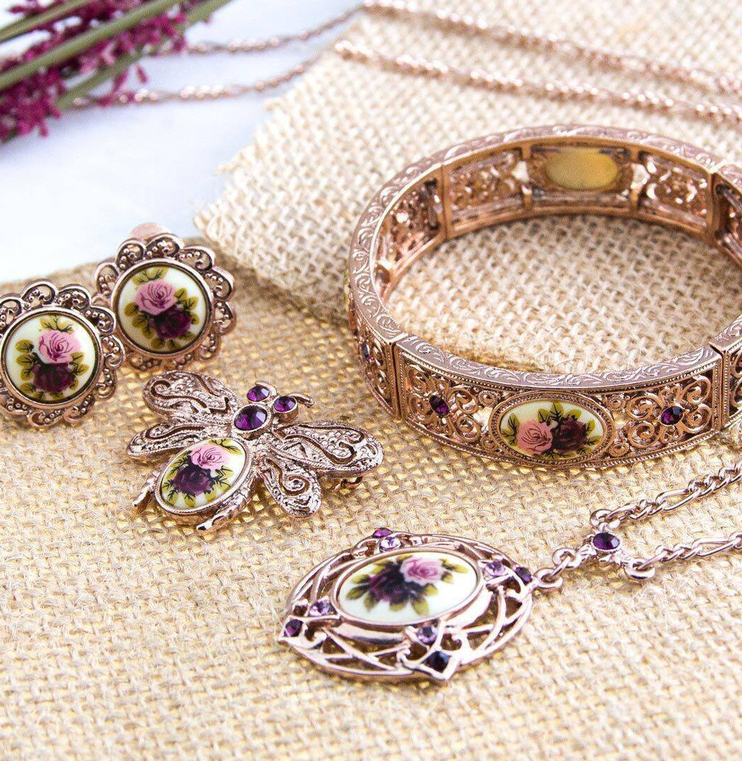 1928 Jewelry Manor House Pink & Purple Rose Decal Clip On Earrings