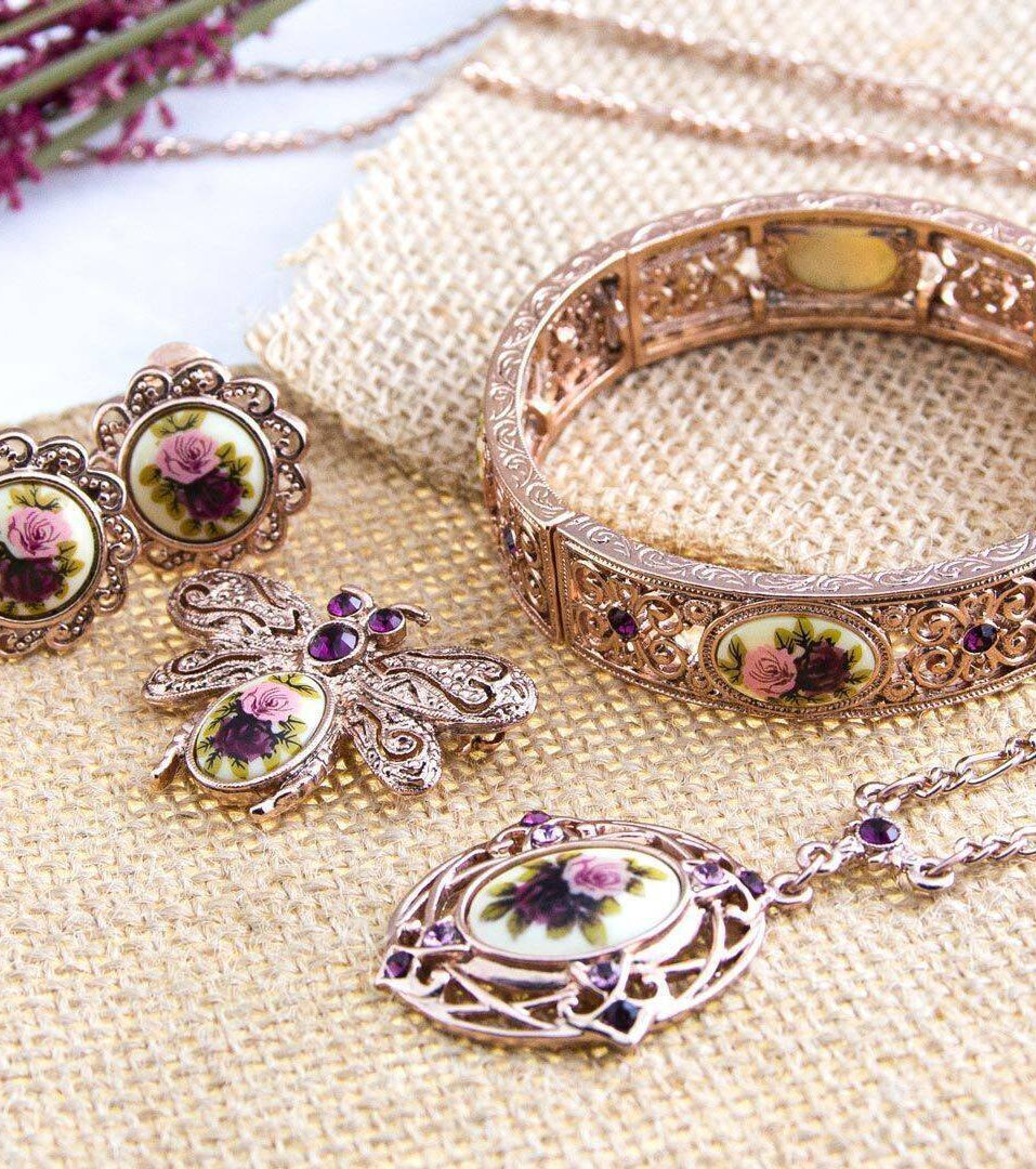 1928 Jewelry Manor House Pink & Purple Rose Decal Clip On Earrings