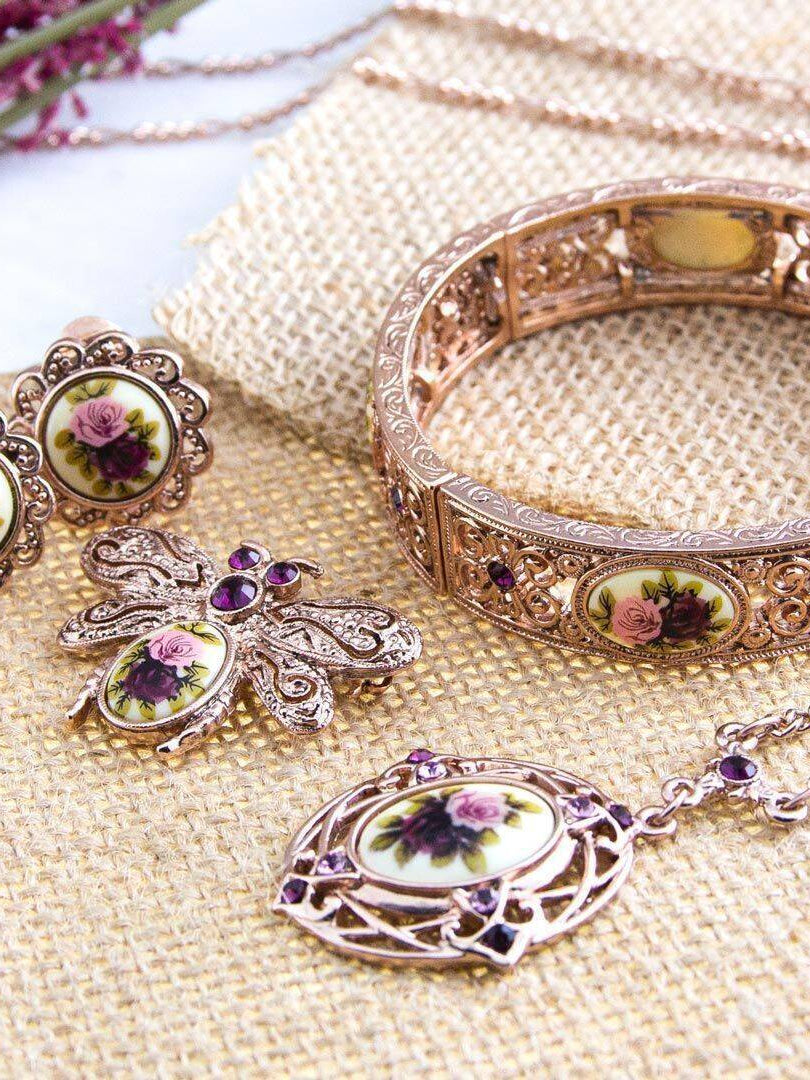 1928 Jewelry Manor House Rose Purple Crystal Flower Pendant Necklace 28"