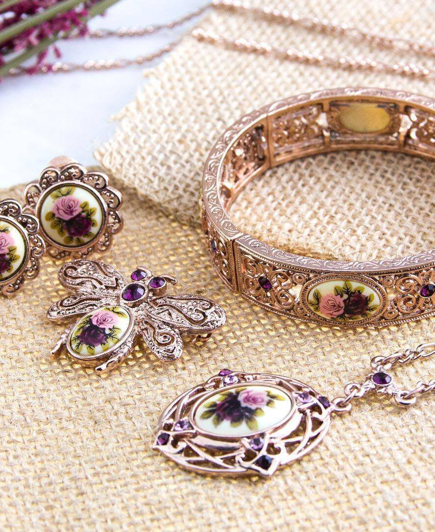 1928 Jewelry Manor House Rose Purple Crystal Flower Pendant Necklace 28"