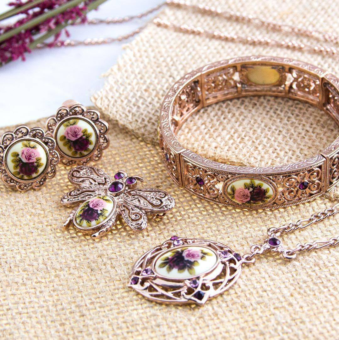 1928 Jewelry Manor House Rose Purple Crystal Flower Stretch Bracelet