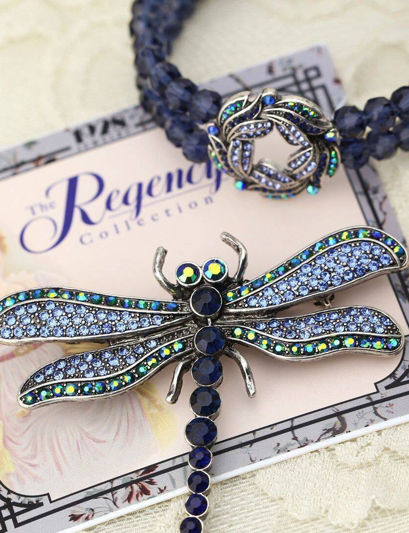 Regency Giovane Iridescent AB Crystal & Blue Stone Dragonfly Brooch