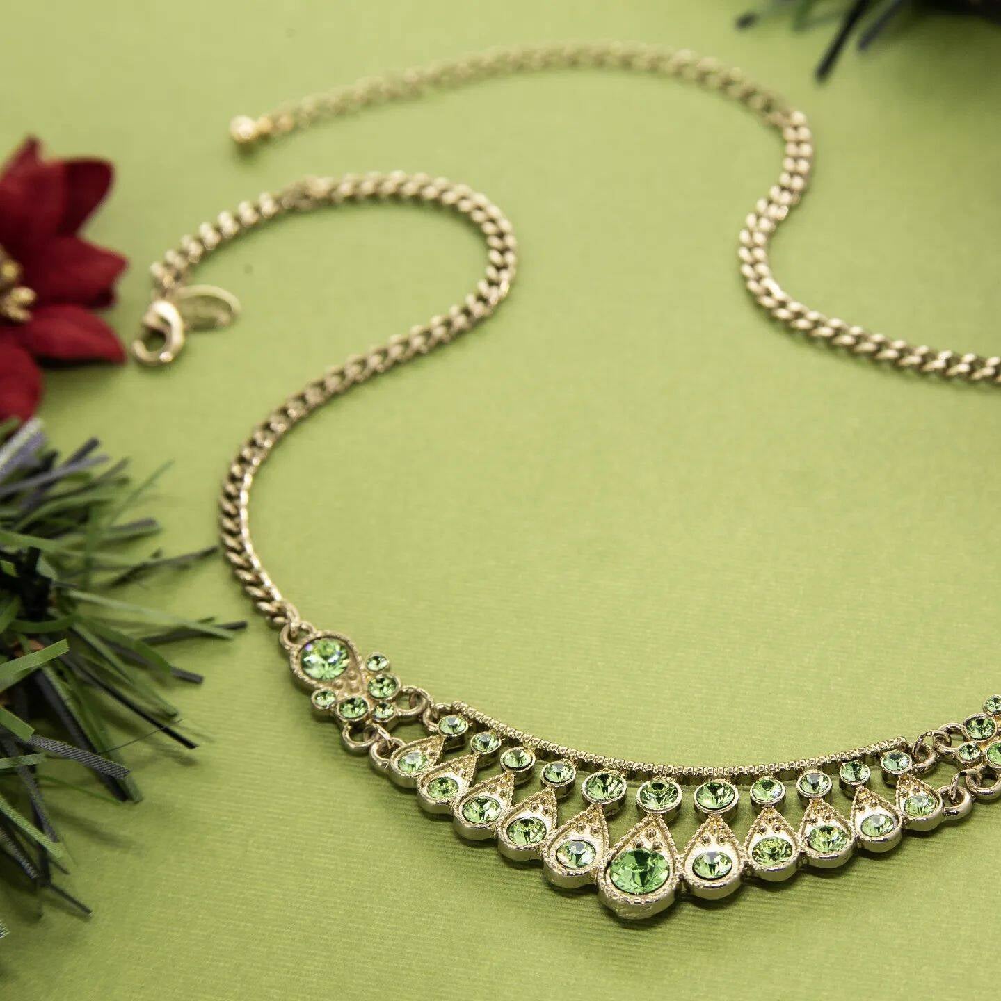 1928 Jewelry Peridot Green Color Crystal Bib Necklace 16" + 3" Extender