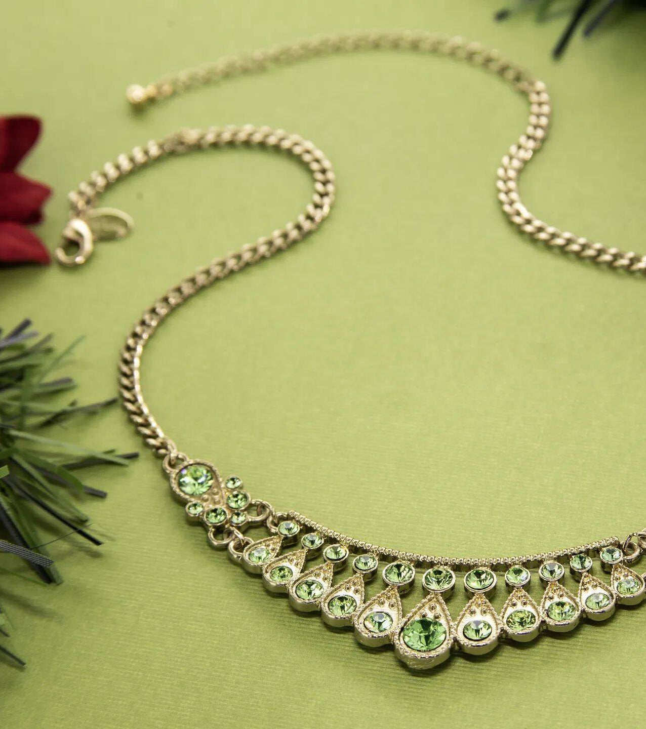1928 Jewelry Peridot Green Color Crystal Bib Necklace 16" + 3" Extender
