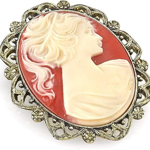 1928 Jewelry Faux Carnelian Cameo Oval Brooch