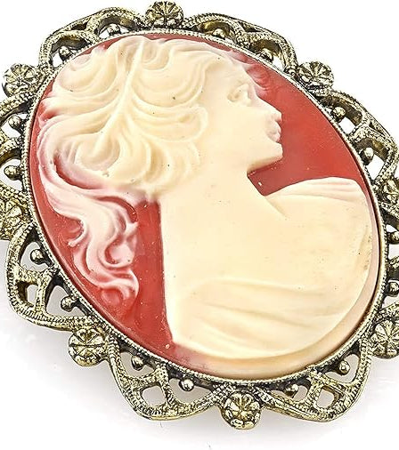 1928 Jewelry Faux Carnelian Cameo Oval Brooch