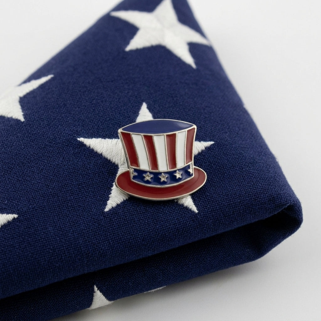 Pin in the shape of a Uncle Sam hat on an American flag background